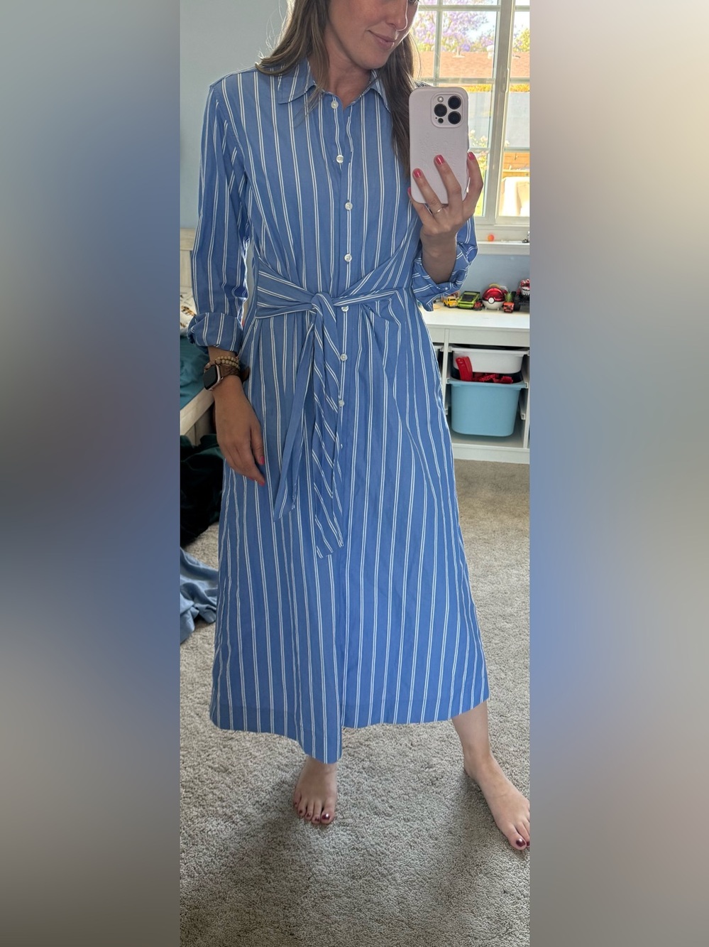 Universal Thread Blue White Stripe Tie Waist Midi Shirt Dress XS